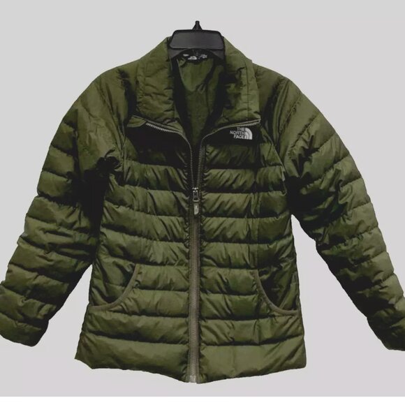 North Face Alpz 550 Goose Down Puffer Jacket Olive Green Youth Girls Large 14/16 - Picture 1 of 8
